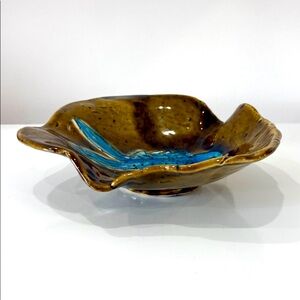 Pottery Bowl Blue Koi Fish Signed Hobbyist Folk Art Quirky Eclectic